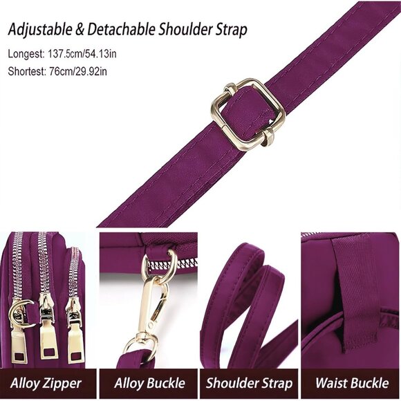 Women's Purple 3 Small Crossbody Waterproof Nylon Purse Mini Shoulder Travel Bag - Picture 5 of 7